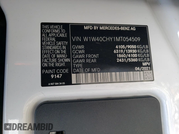 2021 Mercedes-Benz Sprinter Cargo with VIN W1W40CHY1MT054509, listed as a Copart auction lot 67326124 with Not Provided miles and Salvage Title. Bid and sale history available at carsss.com. Image 13.