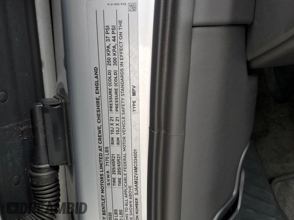 2021 Bentley Bentayga V8 z VIN SJAAM2ZV4MC034001, wystawiony jako Copart lot #78093424 z przebiegiem Nie podano mil oraz Szkoda całkowita • Salvage title. Historia ofert i sprzedaży dostępna na DreamBid. Obrazek 14.