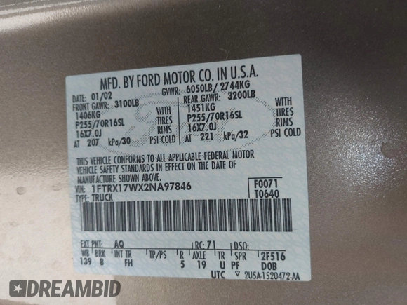 2002 Ford F-150 XL with VIN 1FTRX17WX2NA97846, listed as a IAAI auction lot 42682857 with 185,438 mi miles and . Bid and sale history available at DreamBid. Image 9.