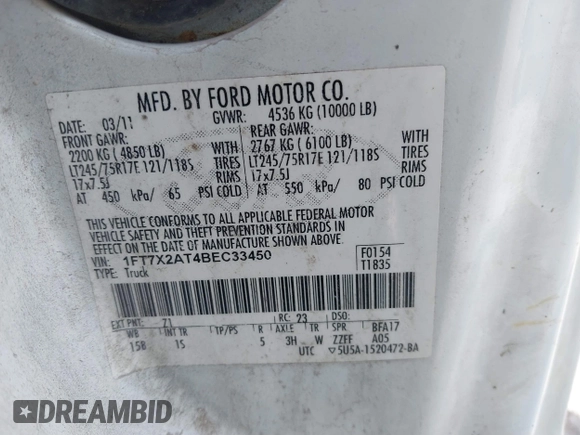 2011 Ford F-250 XL with VIN 1FT7X2AT4BEC33450, listed as a IAAI auction lot 39410571 with Not provided miles and . Bid and sale history available at DreamBid. Image 9.