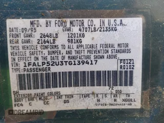 1996 Ford Taurus GL with VIN 1FALP52U3TG139417, listed as a IAAI auction lot 42760633 with 239,490 mi miles and . Bid and sale history available at DreamBid. Image 9.