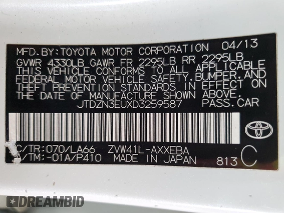 2013 Toyota Prius Two with VIN JTDZN3EUXD3259587, listed as a Copart auction lot 55118155 with 271,193 mi miles and Salvage Title. Bid and sale history available at DreamBid. Image 12.