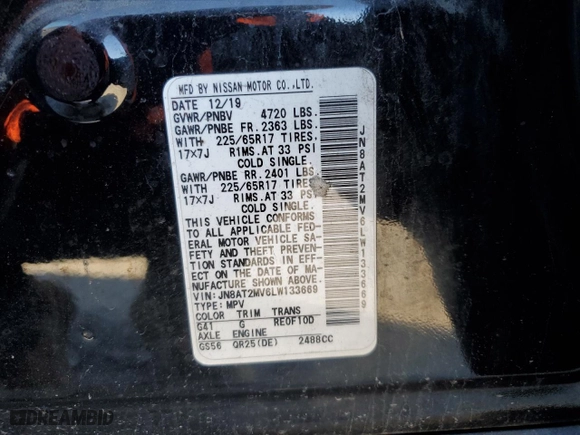2020 Nissan Rogue SV with VIN JN8AT2MV6LW133669, listed as a Copart auction lot 48736565 with 212,926 mi miles and Salvage Title. Bid and sale history available at carsss.com. Image 13.