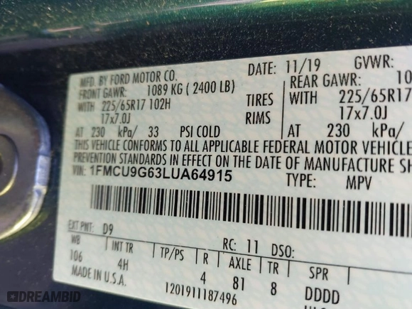 2020 Ford Escape SE with VIN 1FMCU9G63LUA64915, listed as a IAAI auction lot 41496260 with NaN miles. Bid and sale history available at carsss.com. Image 9.