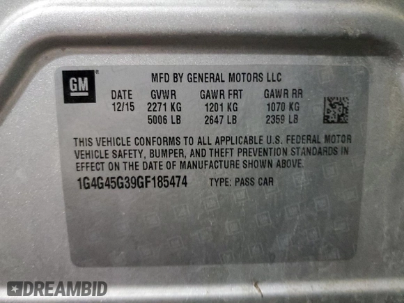 2016 Buick LaCrosse Sport Touring with VIN 1G4G45G39GF185474, listed as a Copart auction lot 46338865 with 76,793 mi miles and Clean Title. Bid and sale history available at carsss.com. Image 13.