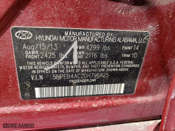 2013 Hyundai Sonata GLS with VIN 5NPEB4AC2DH796825, listed as a Copart auction lot 53205465 with 126,244 mi miles and Clean Title. Bid and sale history available at carsss.com. Image 12.