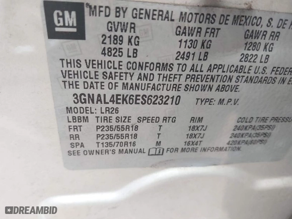 2014 Chevrolet Captiva Sport Fleet LTZ with VIN 3GNAL4EK6ES623210, listed as a IAAI auction lot 41758488 with 131,669 mi miles. Bid and sale history available at carsss.com. Image 9.