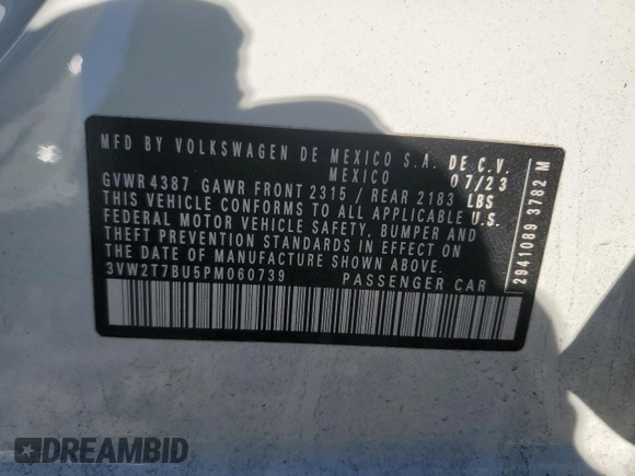 2023 Volkswagen Jetta GLI Autobahn с VIN 3VW2T7BU5PM060739, выставлен на аукционе Copart как лот 87633925 с пробегом 14 638 миль миль и Списание • Salvage title. История ставок и продаж доступна на DreamBid. Изображение 14.