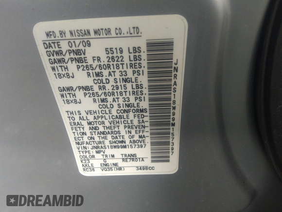 2009 Infiniti FX with VIN JNRAS18W99M157397, listed as a IAAI auction lot 39666939 with Not Provided miles and . Bid and sale history available at DreamBid. Image 9.