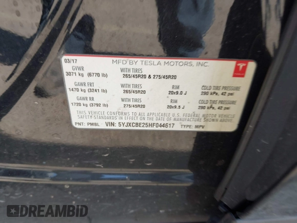 2017 Tesla Model X 90D with VIN 5YJXCBE25HF044617, listed as a IAAI auction lot 42096323 with 115,077 mi miles and . Bid and sale history available at DreamBid. Image 9.