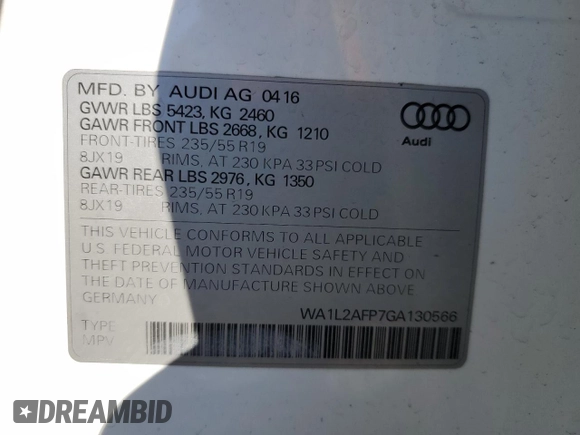 2016 Audi Q5 Premium Plus with VIN WA1L2AFP7GA130566, listed as a Copart auction lot 50396155 with 54,407 mi miles and Salvage Title. Bid and sale history available at carsss.com. Image 13.
