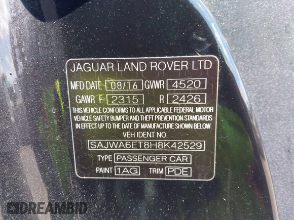 2017 Jaguar F-Type V6 with VIN SAJWA6ET8H8K42529, listed as a IAAI auction lot 41969172 with 81,594 mi miles and . Bid and sale history available at DreamBid. Image 9.