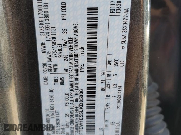 2020 Ford F-150 XL z VIN 1FTEW1E55LKD85806, wystawiony jako Copart lot #55829415 z przebiegiem 34 917 mil mil oraz Szkoda całkowita • Salvage title. Historia ofert i sprzedaży dostępna na DreamBid. Obrazek 12.