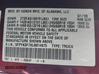 2020 Honda Ridgeline RTL-E with VIN 5FPYK3F7XLB014875, listed as a IAAI auction lot 42620537 with 41,919 mi miles and . Bid and sale history available at DreamBid. Image 9.
