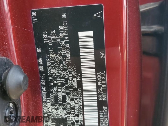 2009 Toyota Sienna XLE with VIN 5TDBK22C79S025901, listed as a Copart auction lot 48761315 with 171,128 mi miles and Salvage Title. Bid and sale history available at DreamBid. Image 14.