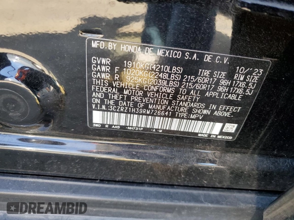 2024 Honda HR-V LX with VIN 3CZRZ1H39RM726641, listed as a Copart auction lot 48753595 with 12,982 mi miles and Salvage title. Bid and sale history available at DreamBid. Image 12.