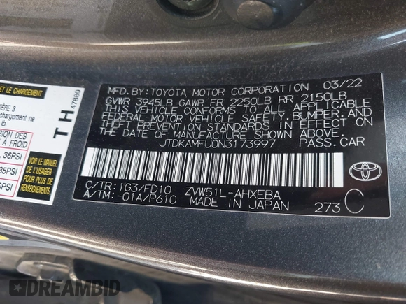 2022 Toyota Prius L Eco with VIN JTDKAMFU0N3173997, listed as a IAAI auction lot 42182489 with 41,220 mi miles and . Bid and sale history available at DreamBid. Image 9.