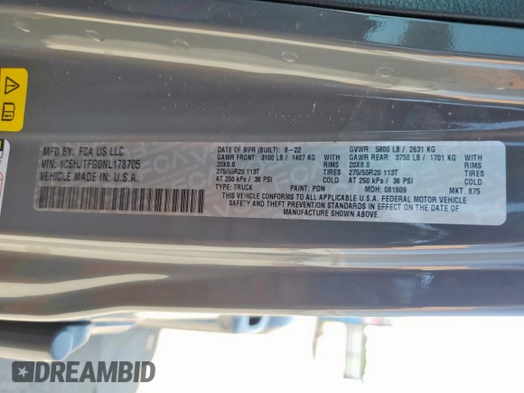 2022 Jeep Gladiator High Altitude z VIN 1C6HJTFG0NL178705, wystawiony jako Copart lot #60988265 z przebiegiem 51 143 mil mil oraz Szkoda całkowita • Salvage title. Historia ofert i sprzedaży dostępna na DreamBid. Obrazek 12.