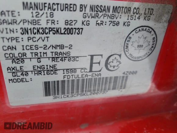 2019 Nissan Micra S z VIN 3N1CK3CP5KL200737, wystawiony jako Copart lot #82120434 z przebiegiem 71 861 mil mil oraz Szkoda całkowita • Salvage title. Historia ofert i sprzedaży dostępna na DreamBid. Obrazek 13.
