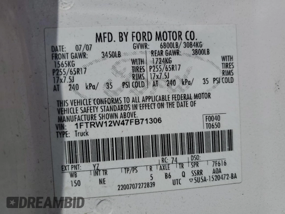 2007 Ford F-150 XLT with VIN 1FTRW12W47FB71306, listed as a Copart auction lot 59749255 with 249,615 mi miles and Clean title. Bid and sale history available at DreamBid. Image 12.