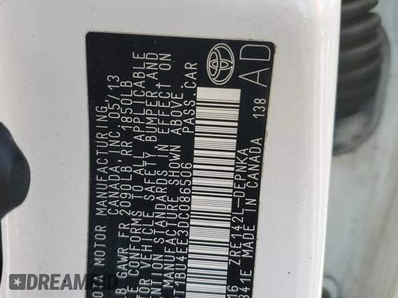2013 Toyota Corolla L with VIN 2T1BU4EE3DC086506, listed as a Copart auction lot 55085755 with 84,948 mi miles and Salvage Title. Bid and sale history available at DreamBid. Image 12.