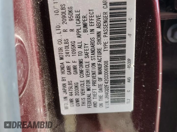 2012 Acura TSX с VIN JH4CU2F42CC006908, выставлен на аукционе Copart как лот 57806355 с пробегом 98 919 миль миль и Списание • Salvage title. История ставок и продаж доступна на DreamBid. Изображение 12.