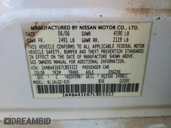 2007 Nissan Maxima 3.5 SE with VIN 1N4BA41E67C803322, listed as a Copart auction lot 75899994 with 190,214 mi miles and Salvage Title. Bid and sale history available at carsss.com. Image 13.