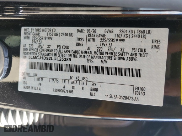 2020 Lincoln Corsair Standard z VIN 5LMCJ1D92LUL25389, wystawiony jako Copart lot #52893345 z przebiegiem 63 060 mil mil oraz Szkoda całkowita • Salvage title. Historia ofert i sprzedaży dostępna na DreamBid. Obrazek 13.