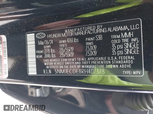 2024 Hyundai Tucson Limited with VIN 5NMJECDE8RH407378, listed as a IAAI auction lot 42457571 with 37,755 mi miles and . Bid and sale history available at DreamBid. Image 9.
