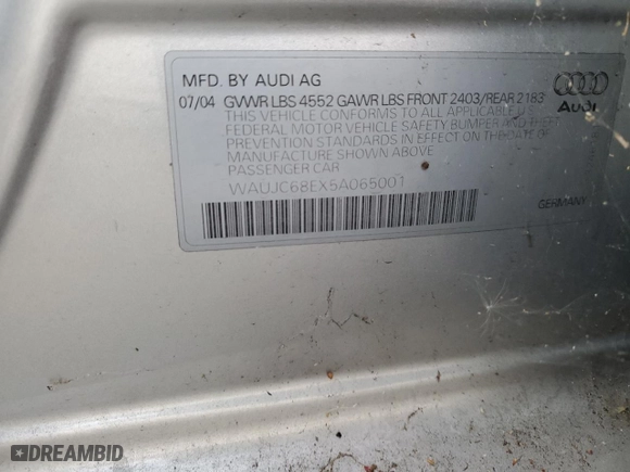 2005 Audi A4 1.8T with VIN WAUJC68EX5A065001, listed as a Copart auction lot 77533784 with 128,124 mi miles and Salvage Title. Bid and sale history available at carsss.com. Image 12.