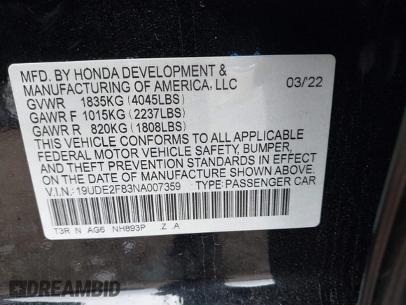 2022 Acura ILX Premium with VIN 19UDE2F83NA007359, listed as a IAAI auction lot 42012805 with 24,564 mi miles and . Bid and sale history available at DreamBid. Image 9.