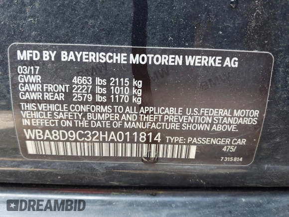 2017 BMW 3 Series 330i xDrive with VIN WBA8D9C32HA011814, listed as a IAAI auction lot 42254352 with 104,547 mi miles and . Bid and sale history available at DreamBid. Image 9.
