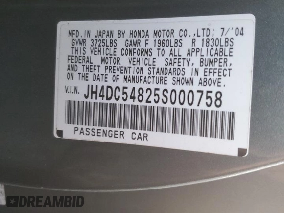 2005 Acura RSX with VIN JH4DC54825S000758, listed as a Copart auction lot 80918834 with 281,117 mi miles and Salvage Title. Bid and sale history available at carsss.com. Image 12.