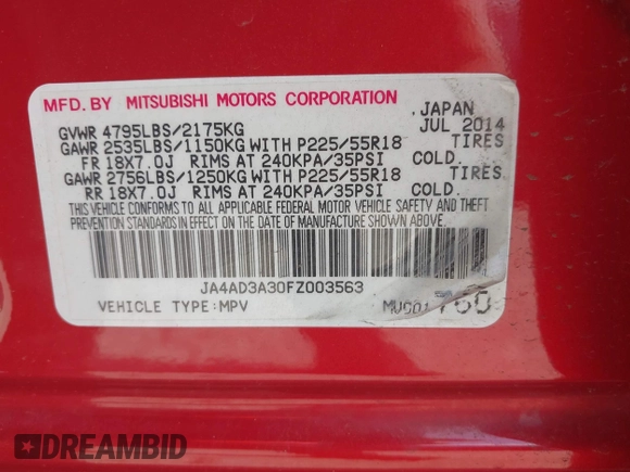 2015 Mitsubishi Outlander SE z VIN JA4AD3A30FZ003563, wystawiony jako IAAI lot #42489394 z przebiegiem 174 374 mil mil oraz . Historia ofert i sprzedaży dostępna na DreamBid. Obrazek 9.