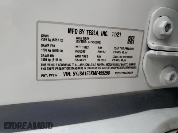 2021 Tesla Model S Plaid с VIN 5YJSA1E6XMF455258, выставлен на аукционе Copart как лот 43788675 с пробегом Не указан миль и Списание • Salvage title. История ставок и продаж доступна на DreamBid. Изображение 14.