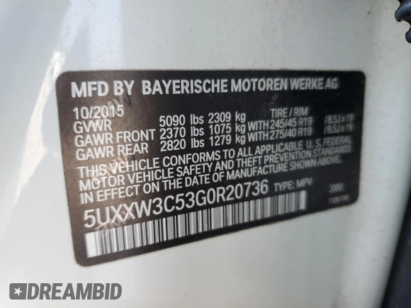 2016 BMW X4 xDrive28i with VIN 5UXXW3C53G0R20736, listed as a Copart auction lot 57355763 with 87,895 mi miles. Bid and sale history available at carsss.com. Image 13.