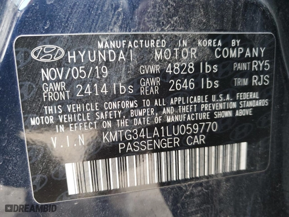 2020 Genesis G70 2.0T with VIN KMTG34LA1LU059770, listed as a Copart auction lot 47201445 with 74,408 mi miles and Salvage Title. Bid and sale history available at carsss.com. Image 13.