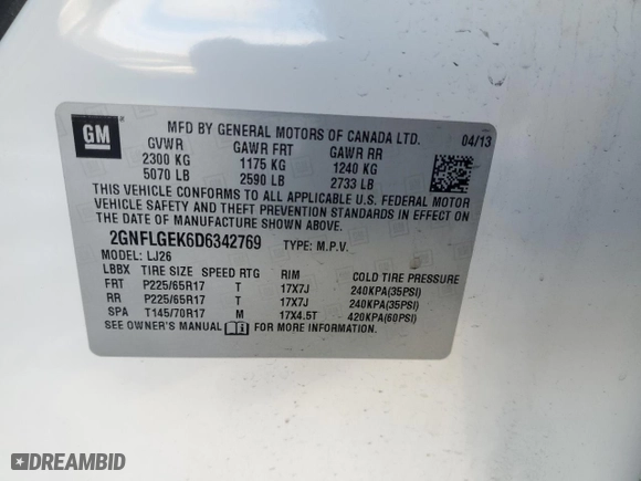 2013 Chevrolet Equinox LTZ with VIN 2GNFLGEK6D6342769, listed as a Copart auction lot 43861425 with 143,486 mi miles and Clean Title. Bid and sale history available at carsss.com. Image 12.