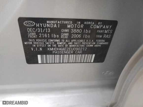 2014 Hyundai Elantra SE with VIN KMHDH4AE2EU090212, listed as a Copart auction lot 51579545 with 92,656 mi miles and Salvage Title. Bid and sale history available at carsss.com. Image 12.