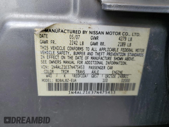 2007 Nissan Altima 2.5 with VIN 1N4AL21E37N475453, listed as a Copart auction lot 49489775 with 239,662 mi miles and Salvage Title. Bid and sale history available at carsss.com. Image 14.
