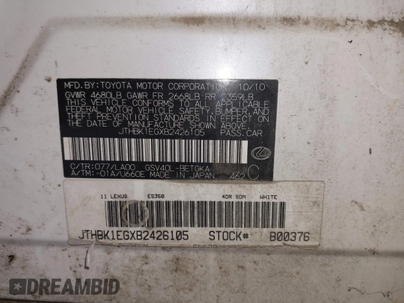2011 Lexus ES 330 with VIN JTHBK1EGXB2426105, listed as a IAAI auction lot 42508826 with 182,972 mi miles and . Bid and sale history available at DreamBid. Image 9.
