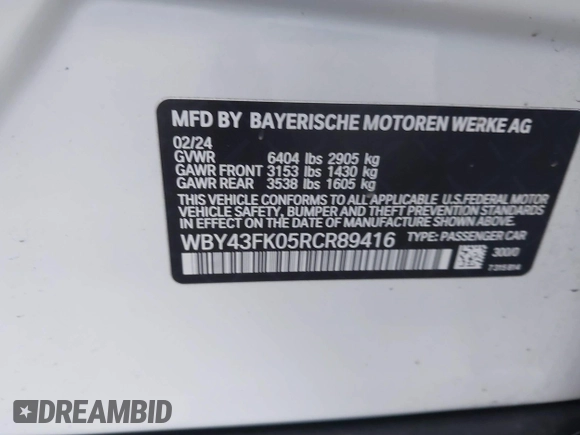 2024 BMW i5 M60 with VIN WBY43FK05RCR89416, listed as a IAAI auction lot 41263506 with 5,062 mi miles and . Bid and sale history available at DreamBid. Image 9.