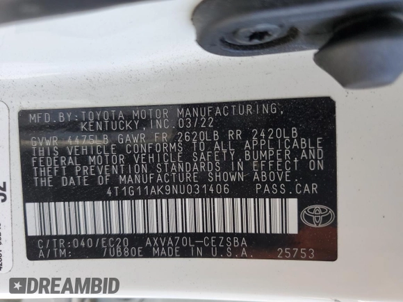 2022 Toyota Camry SE with VIN 4T1G11AK9NU031406, listed as a Copart auction lot 48429805 with 28,448 mi miles and Salvage Title. Bid and sale history available at carsss.com. Image 13.
