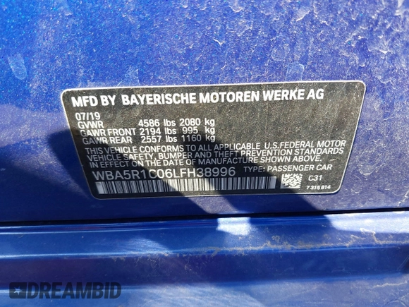 2020 BMW 3 Series 330i with VIN WBA5R1C06LFH38996, listed as a IAAI auction lot 41664442 with Not Provided miles and . Bid and sale history available at carsss.com. Image 9.