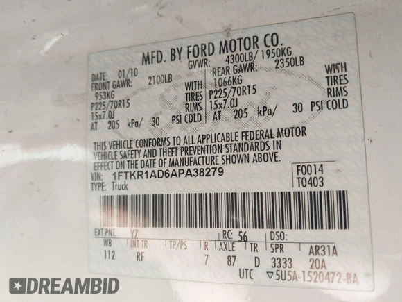2010 Ford Ranger XL with VIN 1FTKR1AD6APA38279, listed as a IAAI auction lot 42225092 with 131,900 mi miles and . Bid and sale history available at DreamBid. Image 8.