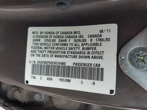 2012 Honda Civic EX-L with VIN 2HGFB2F95CH516460, listed as a IAAI auction lot 41897905 with 222,739 mi miles and . Bid and sale history available at DreamBid. Image 9.