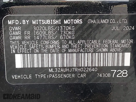 2024 Mitsubishi Mirage ES с VIN ML32AUHJ7RH022640, выставлен на аукционе IAAI как лот 42382228 с пробегом 6 928 миль миль и . История ставок и продаж доступна на DreamBid. Изображение 9.