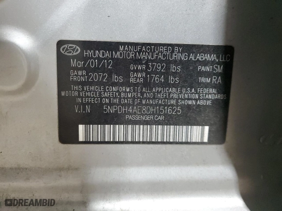 2013 Hyundai Elantra GLS with VIN 5NPDH4AE8DH151625, listed as a Copart auction lot 45352485 with 160,143 mi miles and Salvage Title. Bid and sale history available at carsss.com. Image 12.