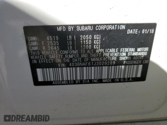 2018 Subaru Legacy Premium with VIN 4S3BNAF61J3029289, listed as a Copart auction lot 44007403 with 86,782 mi miles. Bid and sale history available at carsss.com. Image 13.
