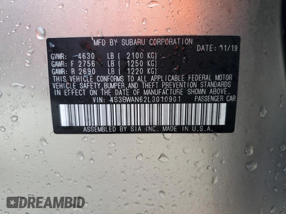 2020 Subaru Legacy Limited with VIN 4S3BWAN62L3010901, listed as a Copart auction lot 48632545 with 56,690 mi miles and Salvage title. Bid and sale history available at DreamBid. Image 13.